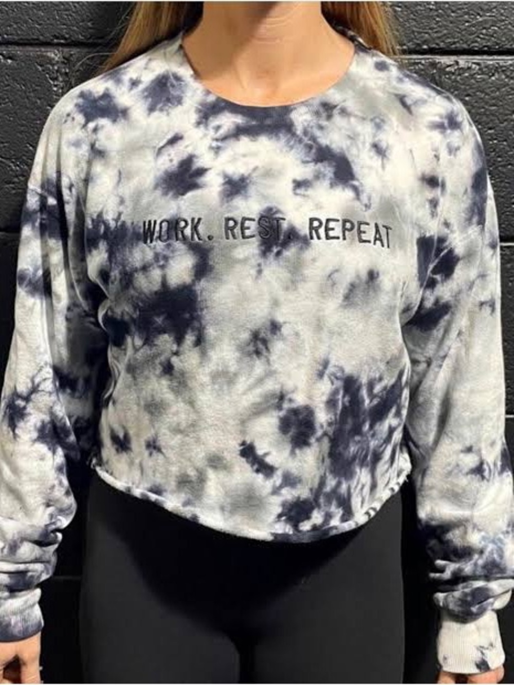 Tie-Dye 'Work. Rest. Repeat' Crewneck Crop Top - Navy and Gray